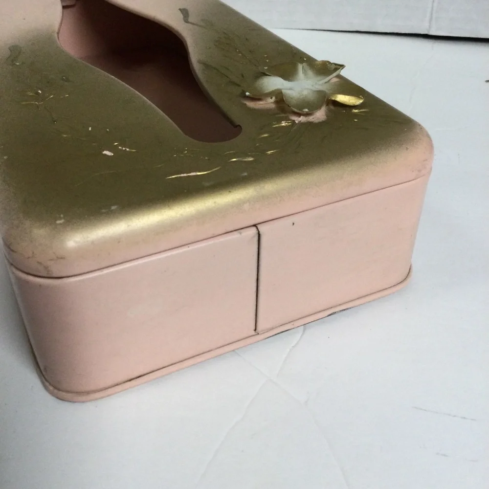 Vintage Ransburg Pink Gold Floral Metal Tissue Box Holder Mountable